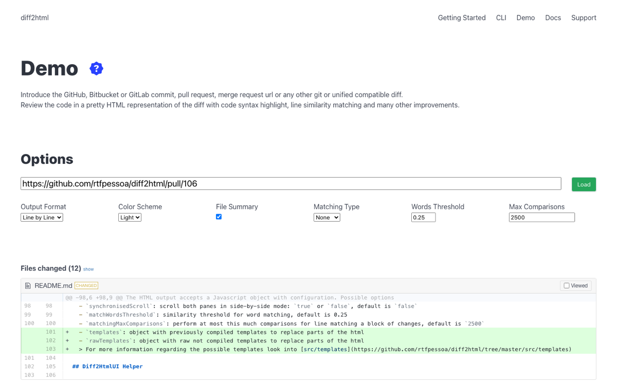 diff2html's demo rendering a pull request diff with line-by-line highlighting