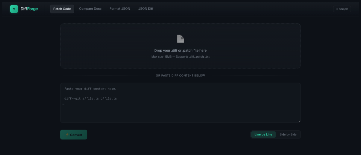 DiffForge's drag-and-drop and paste interface for .diff and .patch files