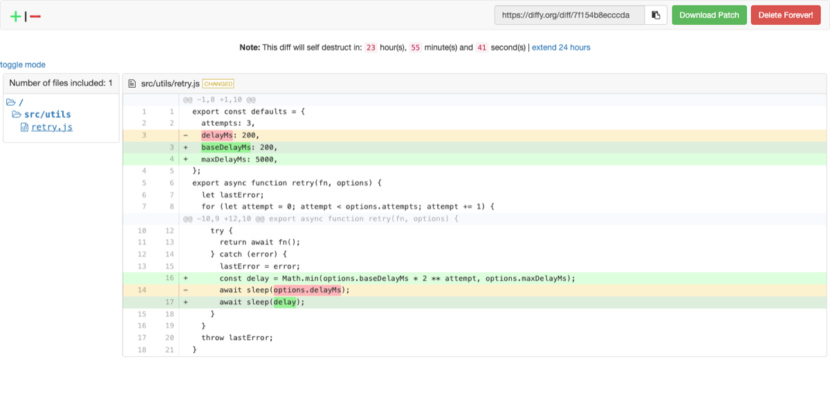 The same git diff rendered and shared in Diffy