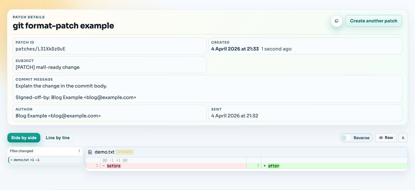 Rendered git format-patch diff in SharePatch