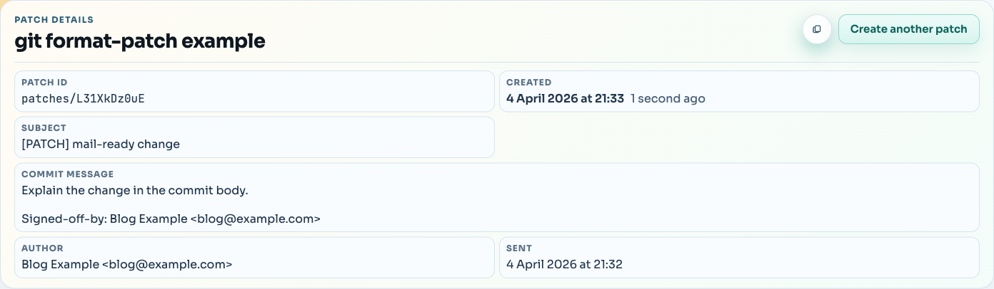 git format-patch metadata in SharePatch