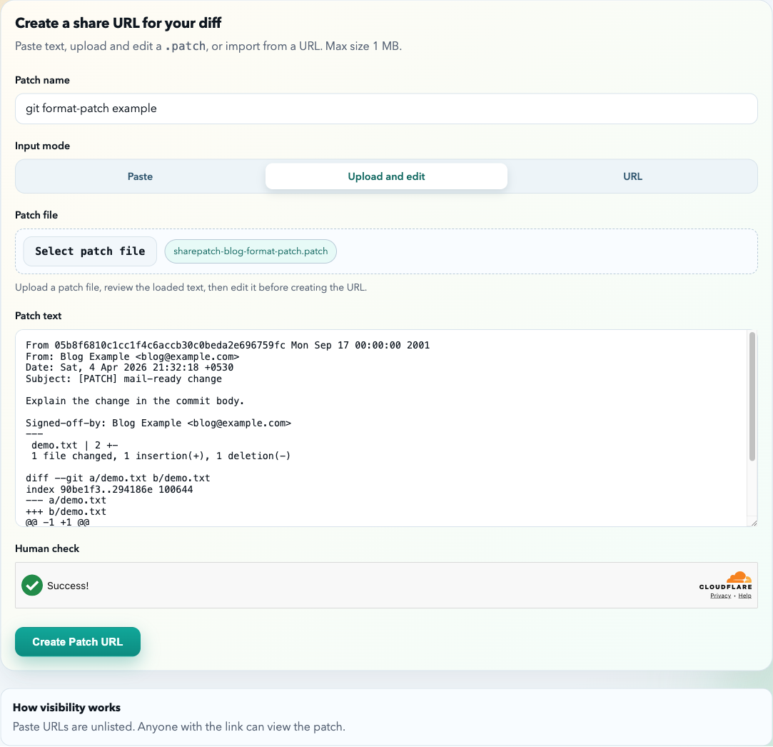 Upload a git format-patch file into SharePatch