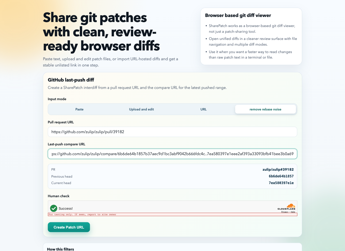 SharePatch homepage with remove rebase noise selected