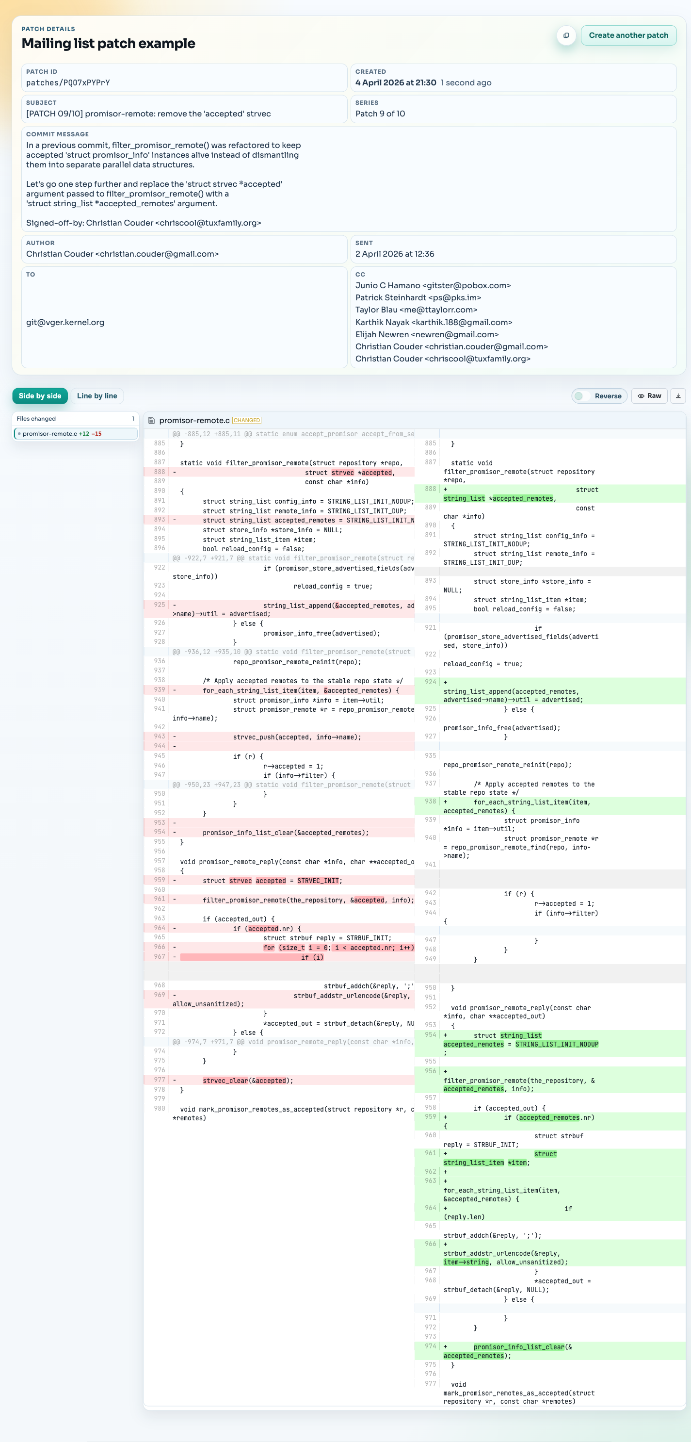 Rendered mailing-list patch diff in SharePatch