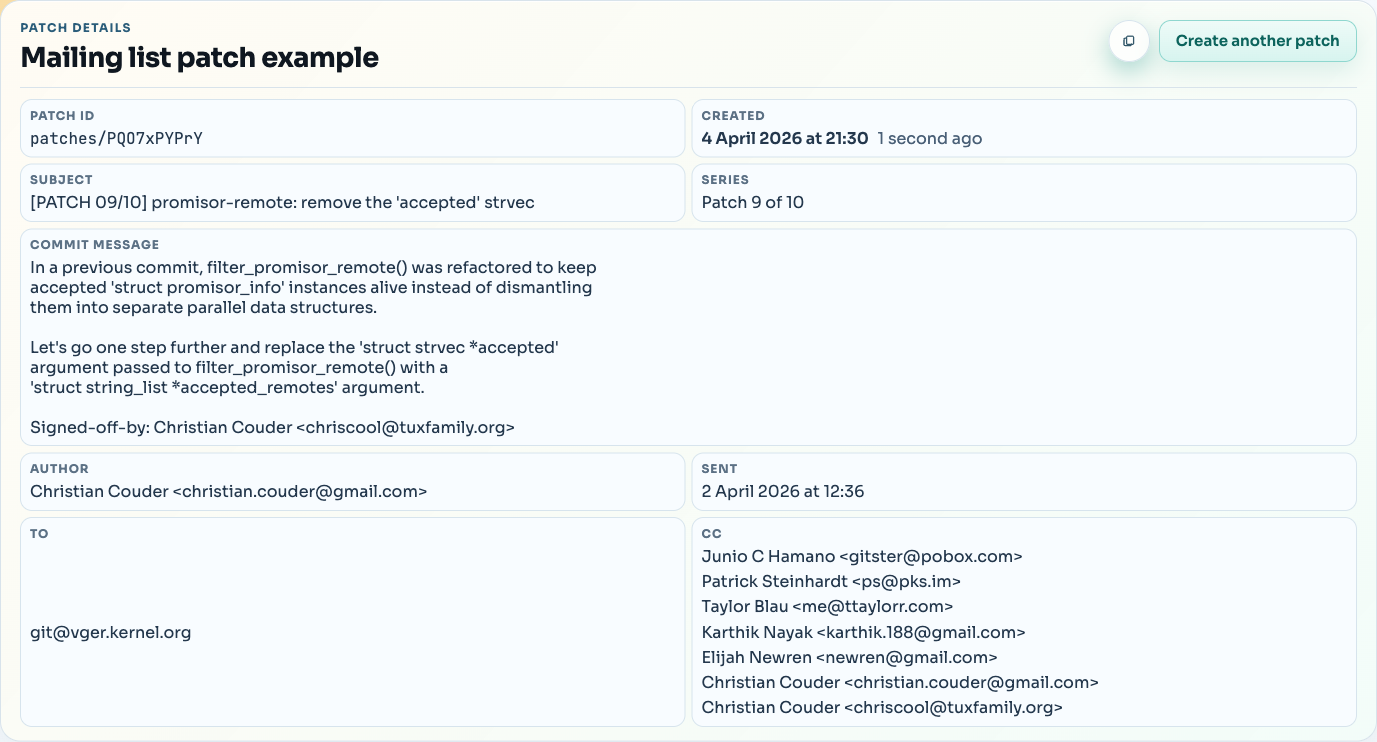 Mailing-list patch metadata in SharePatch