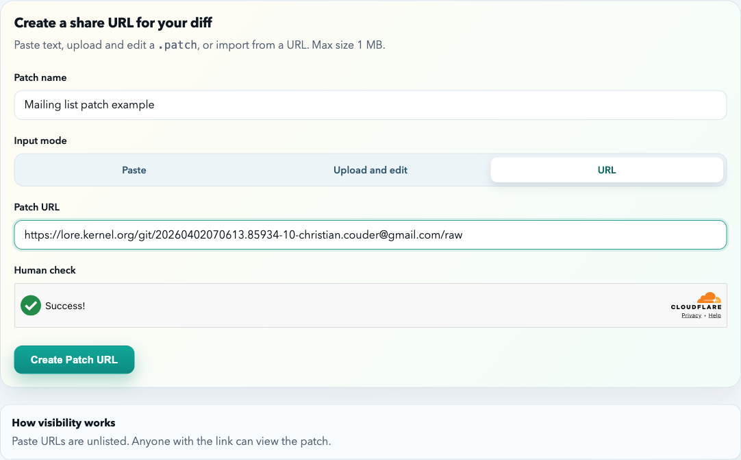 Import a mailing-list patch URL into SharePatch
