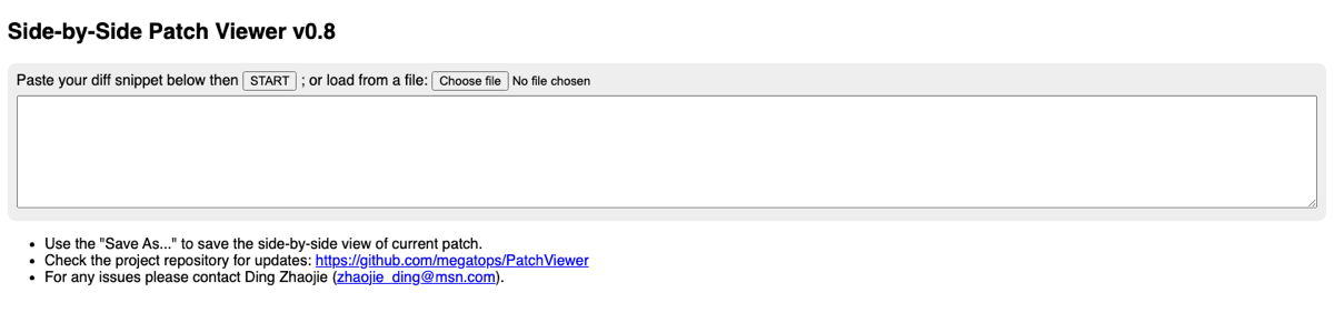 PatchViewer's single-file interface: paste a diff snippet or load a file